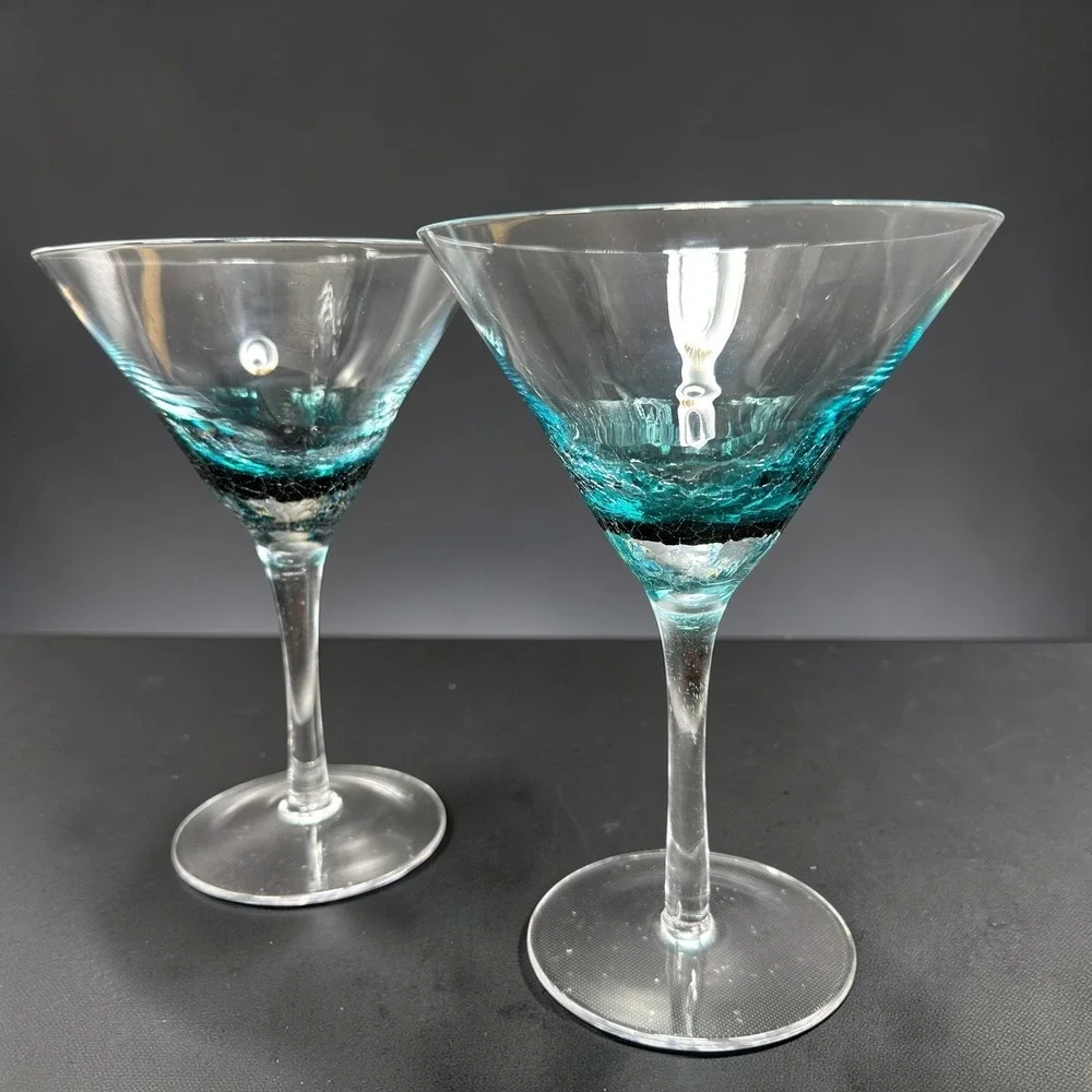 Set of 2 Pier 1 Teal Blue Crackle Glass Martini Glasses Cocktail Stemware Cups
